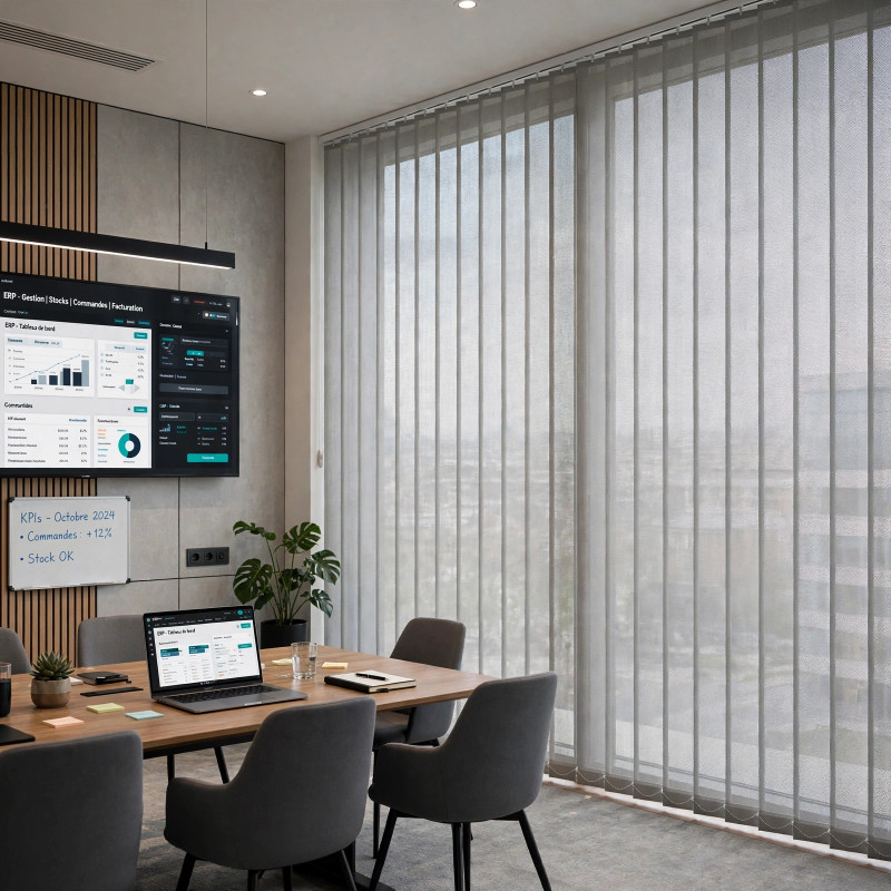 Store californien screen non feu M1 - lames fermées - screen transparent laisse voir extérieur - bureau