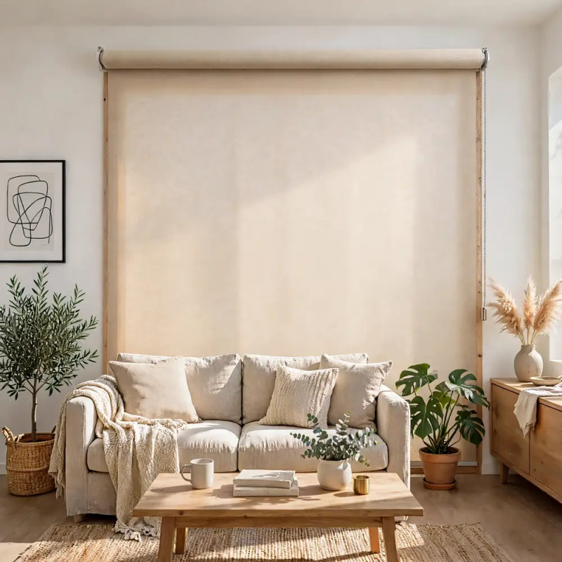 Store enrouleur tamisant non feu M1 beige lin position fermée tissu tamisant lumière diffuse sans vue extérieur - ERP sur mesure