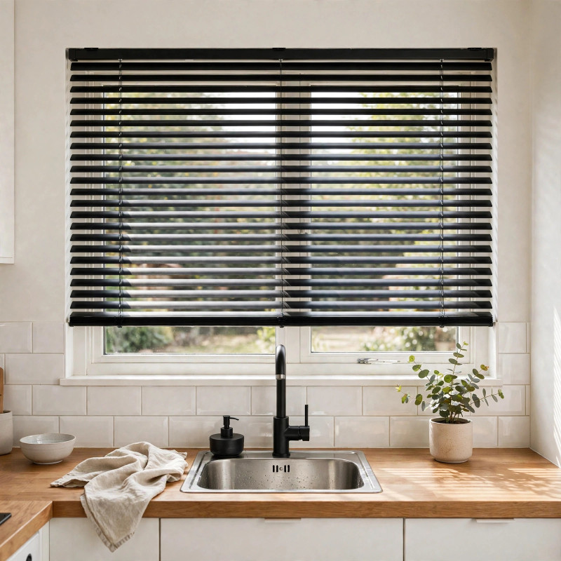 Store vénitien aluminium 25mm noir boitier 25x25mm noir ouvert - lames noires orientées vue jardin - cuisine moderne