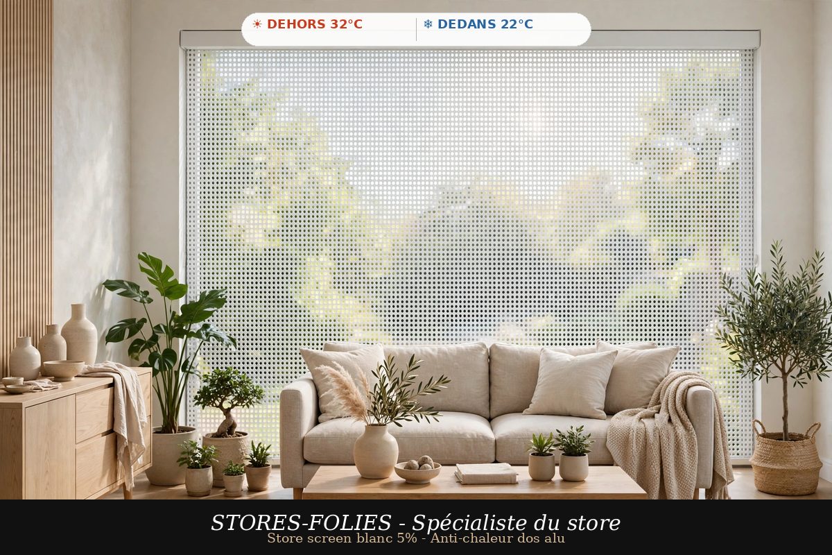 store enrouleur screen blanc 5% perforé dos alu anti chaleur dehors dedans - Stores-Folies